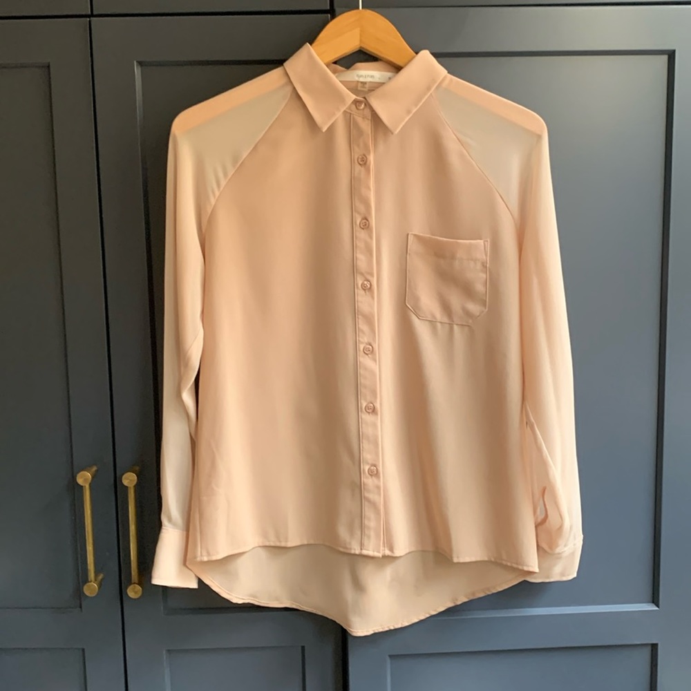 Nude Two Tone Button Down fun2fun Blouse. Size M. Sheer Sleeves.